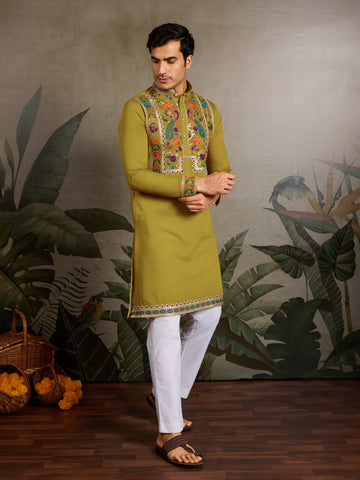 Festive Wear Flourescent Green Embroidered Kurta for Men