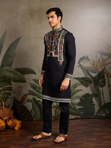 Designer Black Embroidered Mens Kurta for Wedding