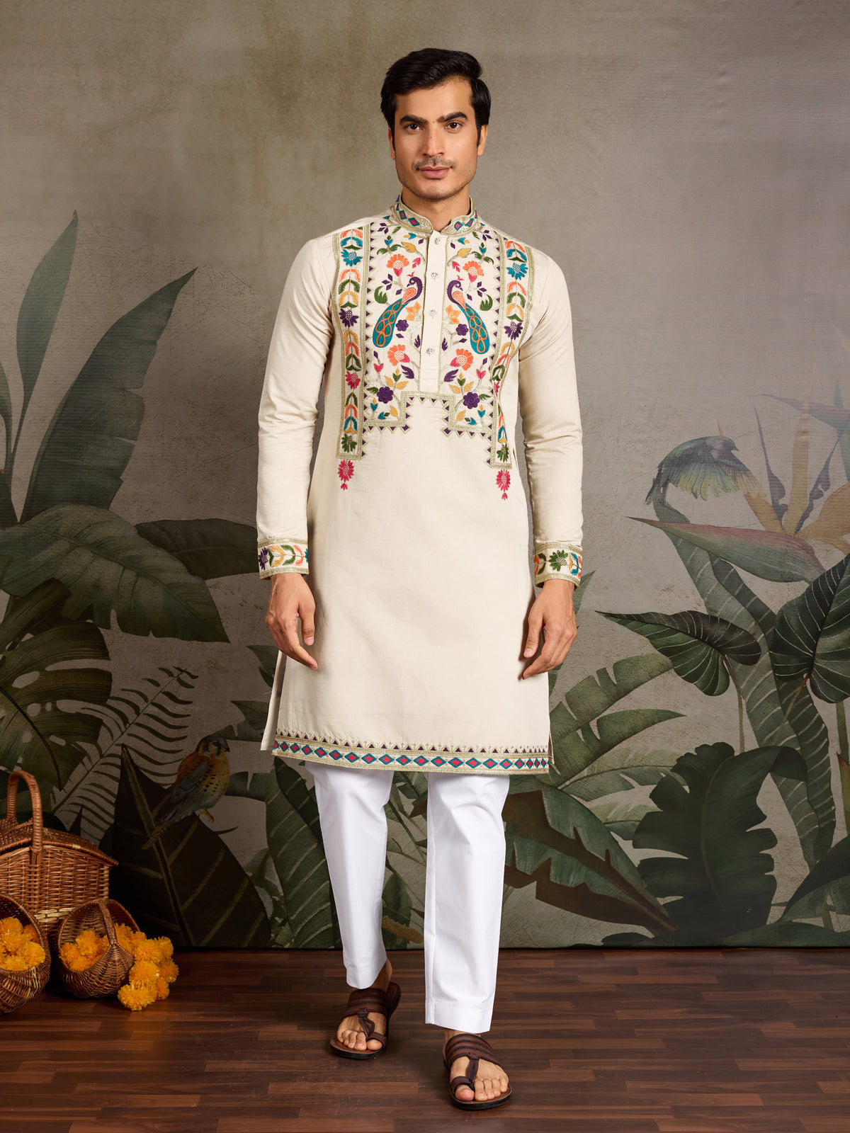Beige Color Special Embroidered Kurta for Mens Wear