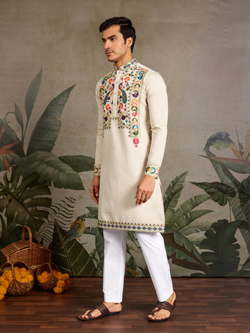 Beige Color Special Embroidered Kurta for Mens Wear