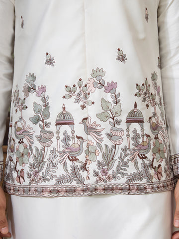 Latest Embroidered Designer White Koti Kurta Set for Mens