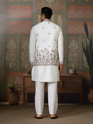Latest Embroidered Designer White Koti Kurta Set for Mens