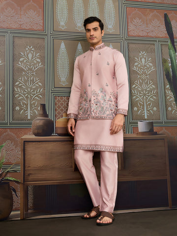 Pink Unique Color Embroidered Koti Kurta Pajama for Mens