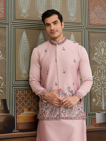 Pink Unique Color Embroidered Koti Kurta Pajama for Mens