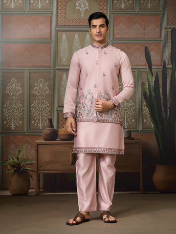 Pink Unique Color Embroidered Koti Kurta Pajama for Mens