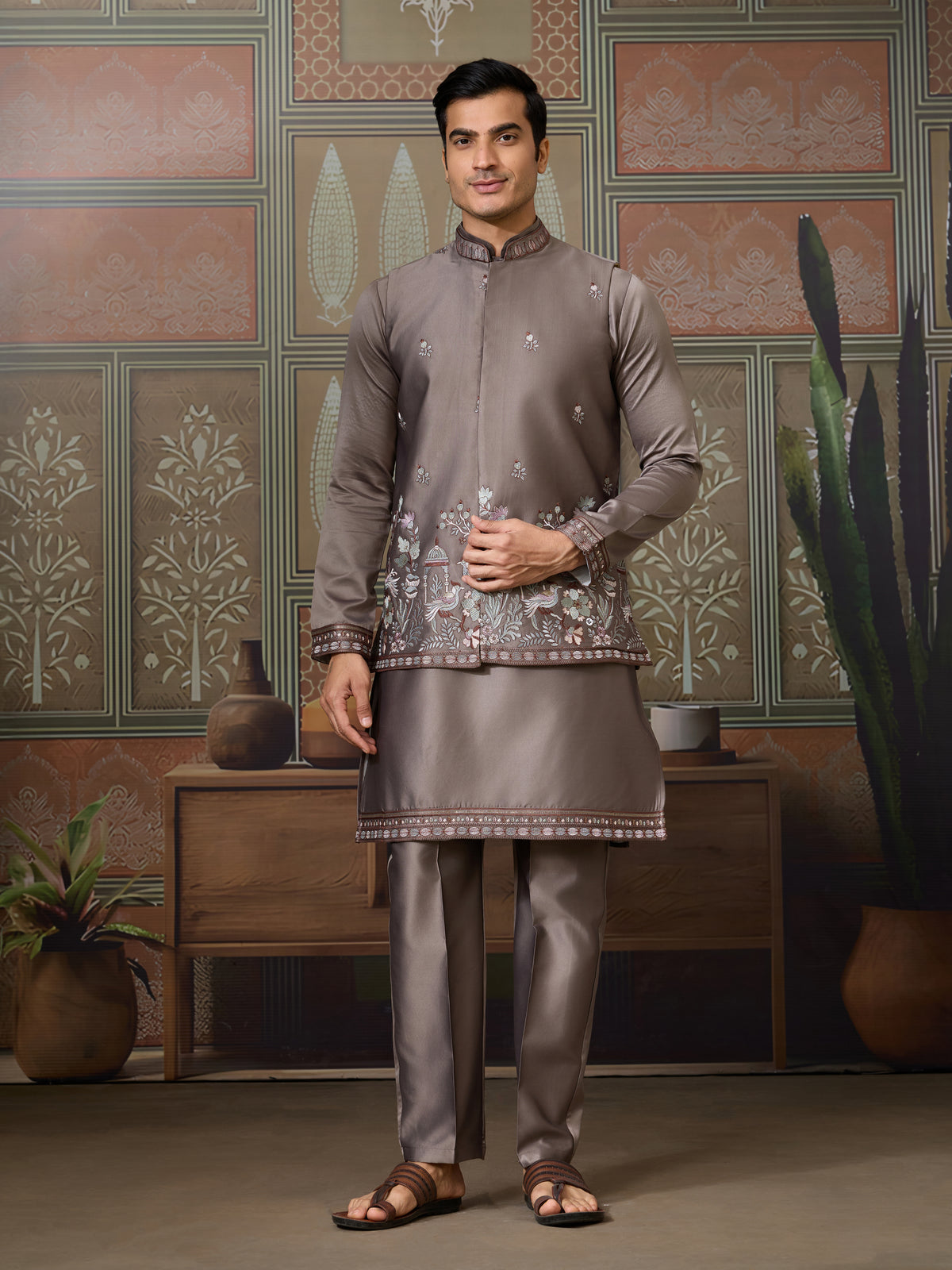 Grey Embroidered Koti Kurta Set for Mens Wear