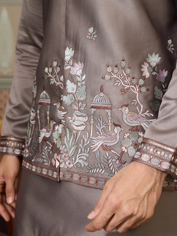 Grey Embroidered Koti Kurta Set for Mens Wear