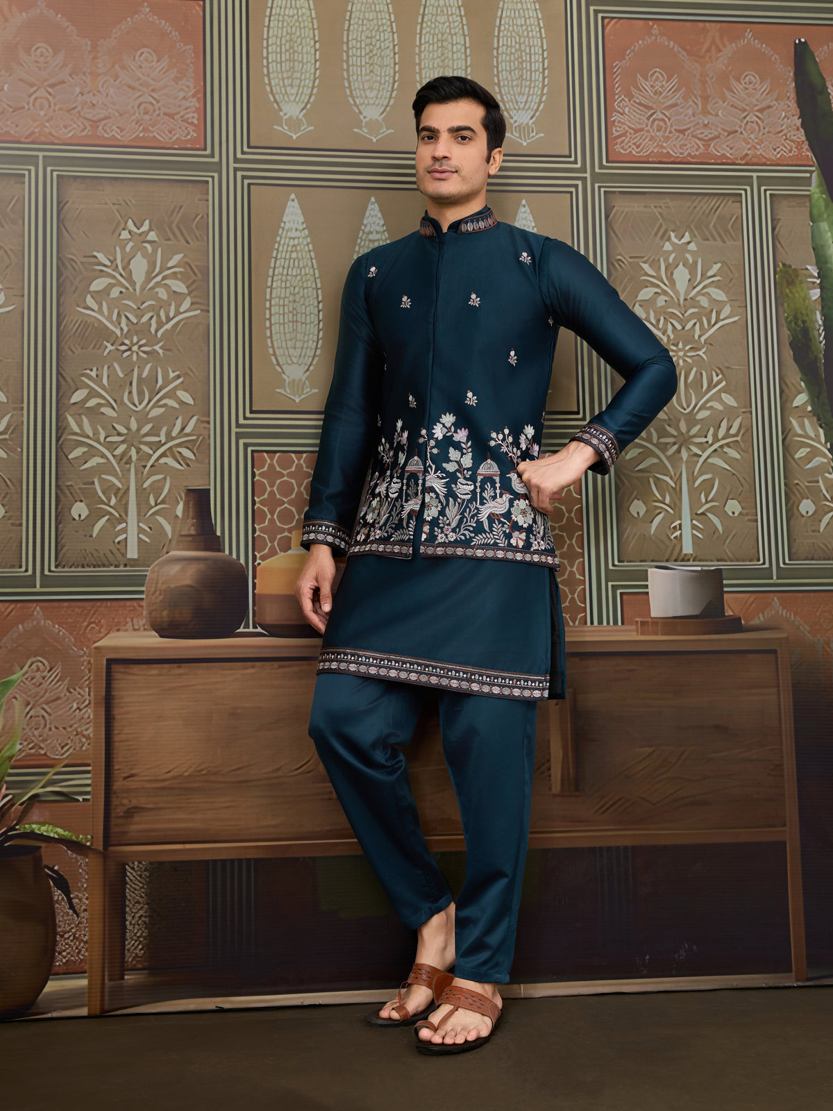Traditional Teal Blue Koti Kurta Set for Mens Wear