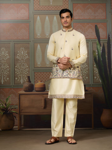 Haldi Special Light Yellow Koti Kurta Set for Mens Wear