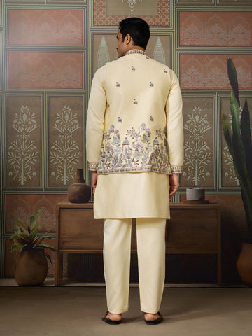 Haldi Special Light Yellow Koti Kurta Set for Mens Wear