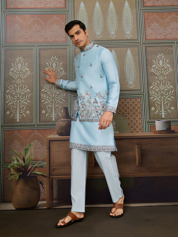 Sky Blue Embroidered Silk Koti Kurta Set for Mens