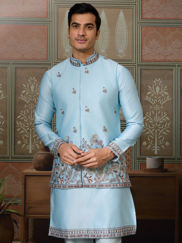 Sky Blue Embroidered Silk Koti Kurta Set for Mens