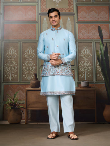 Sky Blue Embroidered Silk Koti Kurta Set for Mens