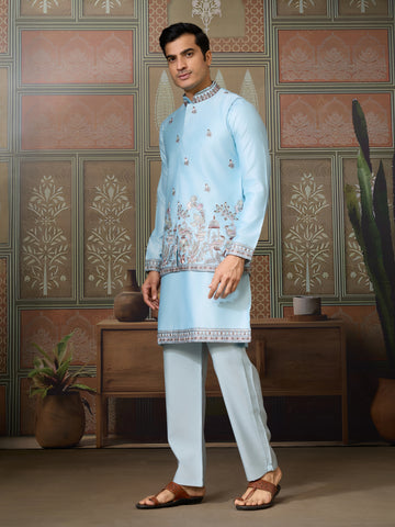 Sky Blue Embroidered Silk Koti Kurta Set for Mens