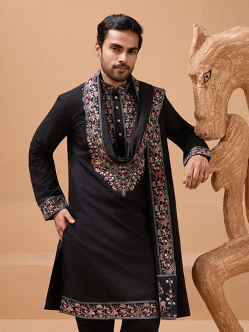 Luxury Wedding Look Black Kurta with Dupatta for Mens Wear