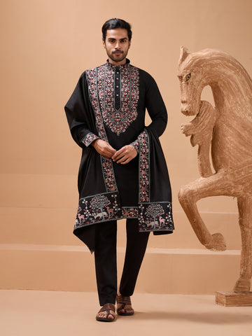 Luxury Wedding Look Black Kurta with Dupatta for Mens Wear