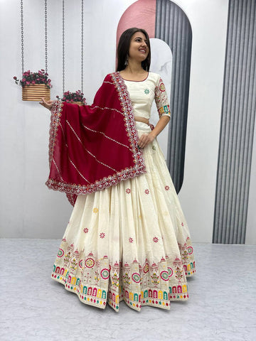 Premium Festive Wear Pure Cotton Embroidery Chain Work Ready to Wear Lehenga Choli