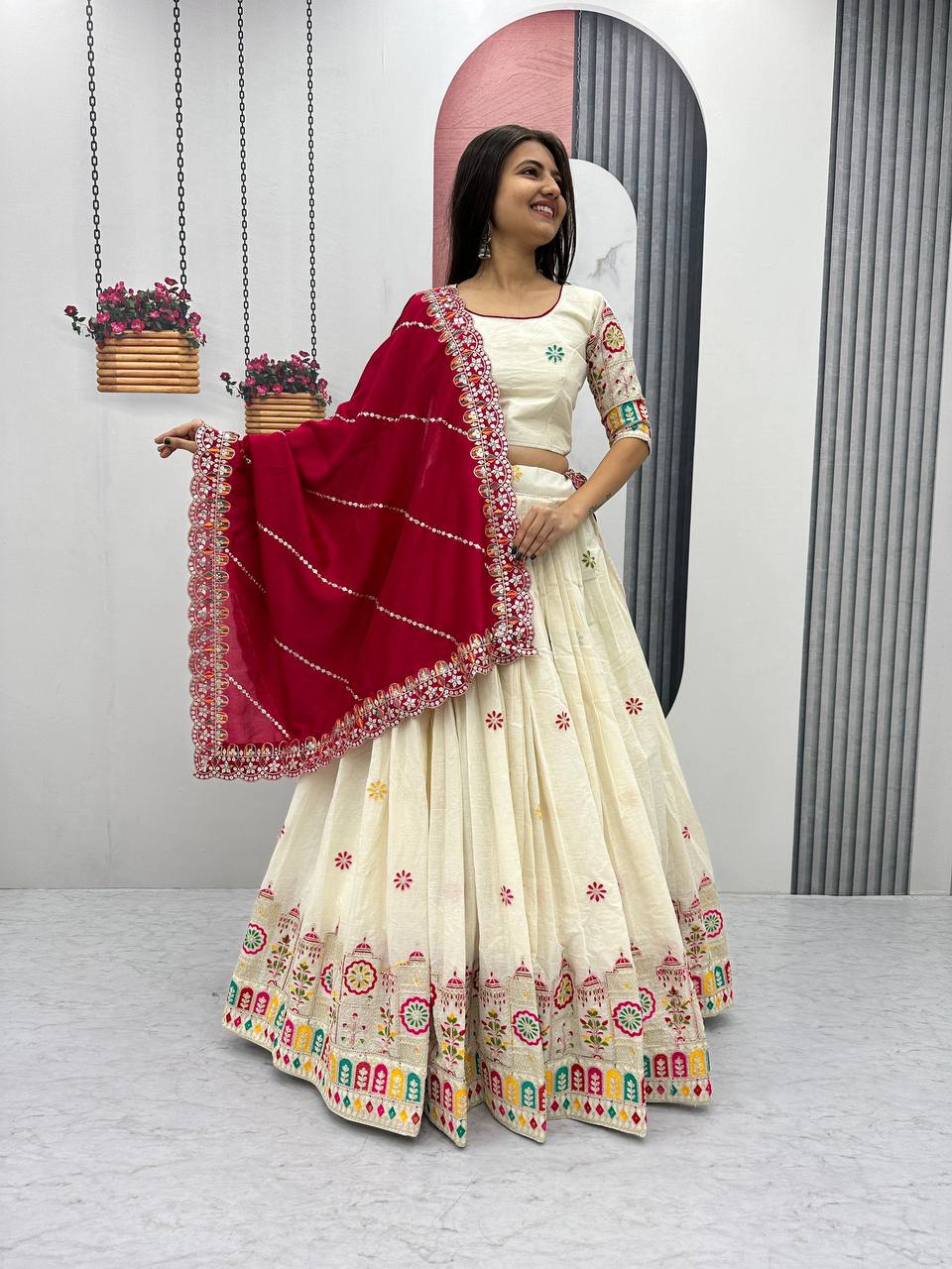 Premium Festive Wear Pure Cotton Embroidery Chain Work Ready to Wear Lehenga Choli