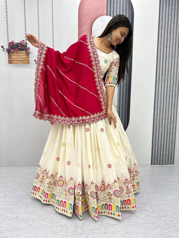 Premium Festive Wear Pure Cotton Embroidery Chain Work Ready to Wear Lehenga Choli