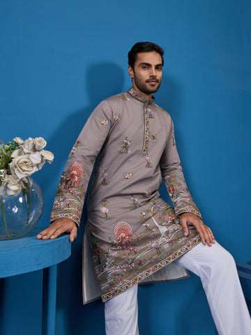 Classy Grey Embroidered Mens Kurta for Wedding Events