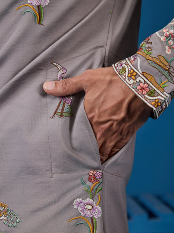 Classy Grey Embroidered Mens Kurta for Wedding Events