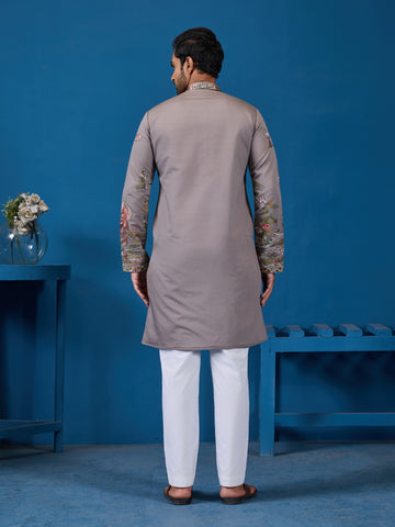 Classy Grey Embroidered Mens Kurta for Wedding Events