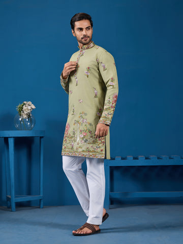 Traditional Pista Green Embroidered Kurta for Men