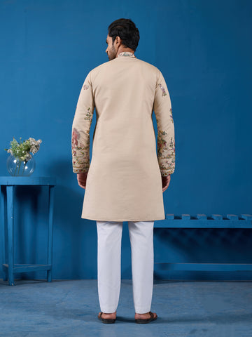 Perfect Festive Choice Beige Ethnic Kurta for Mens Wear