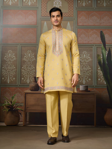 Trending Yellow Haldi Ceremony Koti Kurta for Men