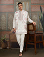 Ethnic White Embroidered Koti Kurta Set for Men