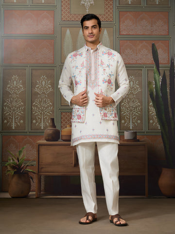 Ethnic White Embroidered Koti Kurta Set for Men