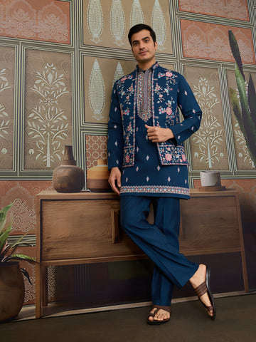 Modern Teal Blue Open Koti Kurta Set for Men