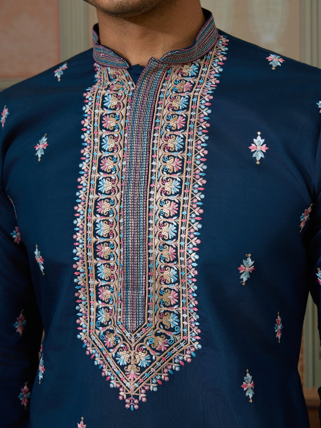 Modern Teal Blue Open Koti Kurta Set for Men