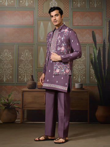 Dusty Purple Wedding Kurta with Matching Koti Set for men