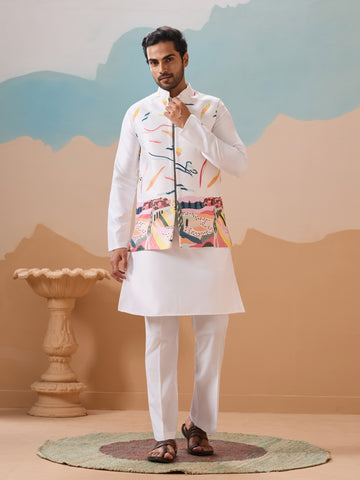 White Wedding Wear Carnival Koti Kurta Pair for Mens Wear