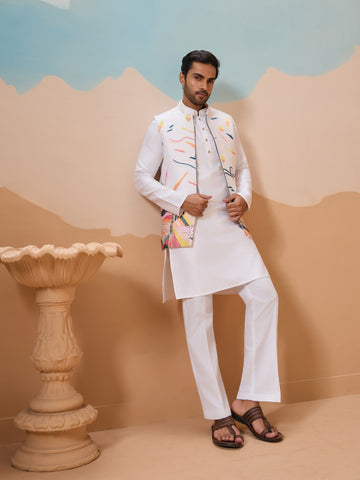 White Wedding Wear Carnival Koti Kurta Pair for Mens Wear