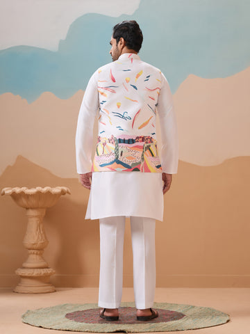 White Wedding Wear Carnival Koti Kurta Pair for Mens Wear