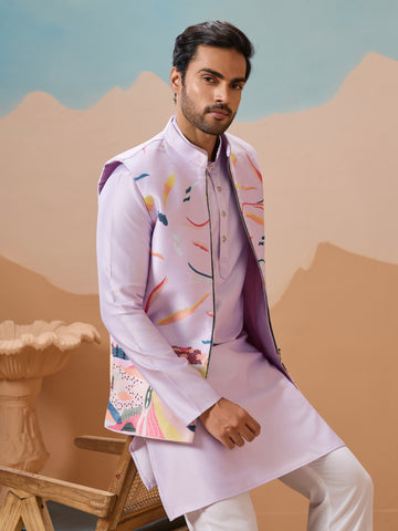 Lavender Wedding Carnival Koti Kurta Set for Mens