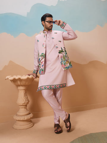 Classy Light Pink Mens Koti Kurta for Wedding Celebrations
