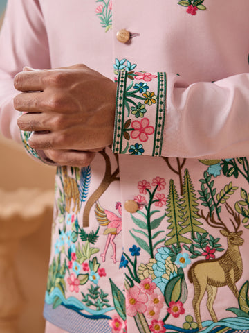 Classy Light Pink Mens Koti Kurta for Wedding Celebrations