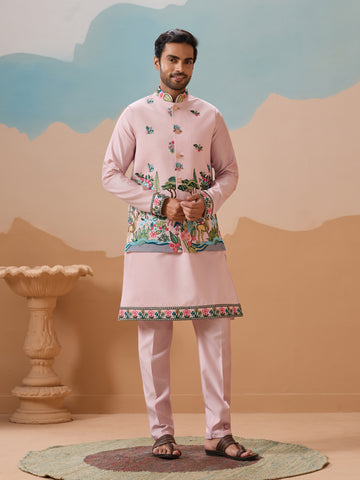 Classy Light Pink Mens Koti Kurta for Wedding Celebrations