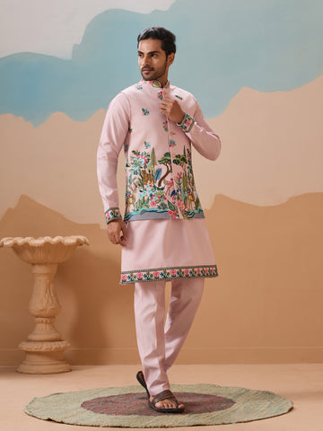 Classy Light Pink Mens Koti Kurta for Wedding Celebrations