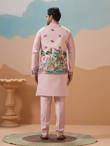 Classy Light Pink Mens Koti Kurta for Wedding Celebrations