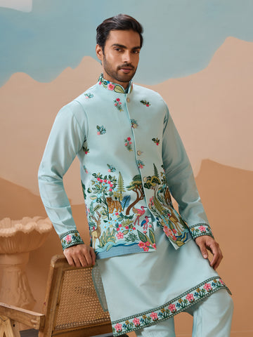 Stylish Sky Color Mens Koti Kurta Set Collection