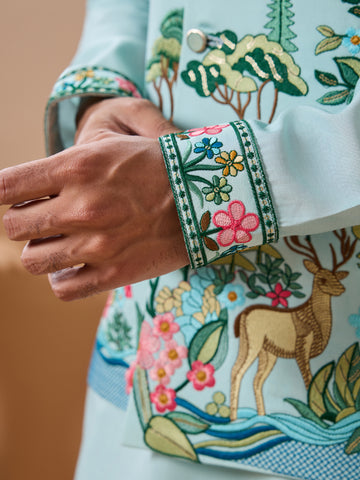 Stylish Sky Color Mens Koti Kurta Set Collection