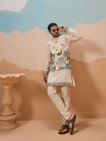 Latest Beige Color Koti Kurta Set for Mens Wear Collection