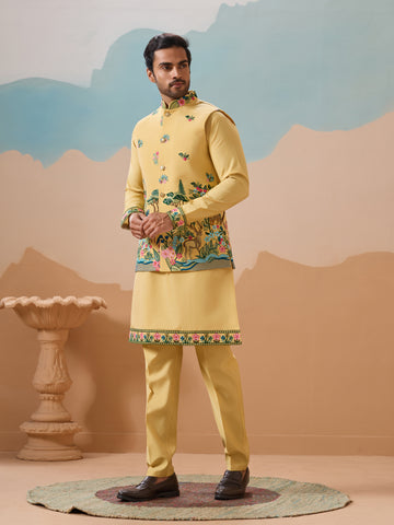 Haldi Special Yellow Classic Koti Kurta Set for Mens Wear