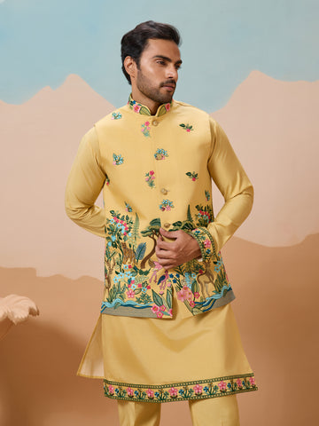 Haldi Special Yellow Classic Koti Kurta Set for Mens Wear