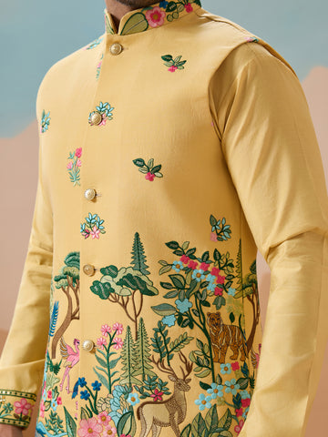 Haldi Special Yellow Classic Koti Kurta Set for Mens Wear