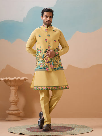 Haldi Special Yellow Classic Koti Kurta Set for Mens Wear